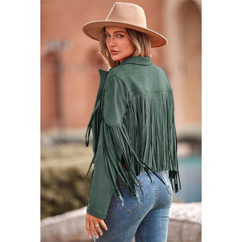 🆕Women's Green Fringe Faux Suede Leather Jacket Tassel Cropped Fal 2025 Coat - Picture 2 of 9